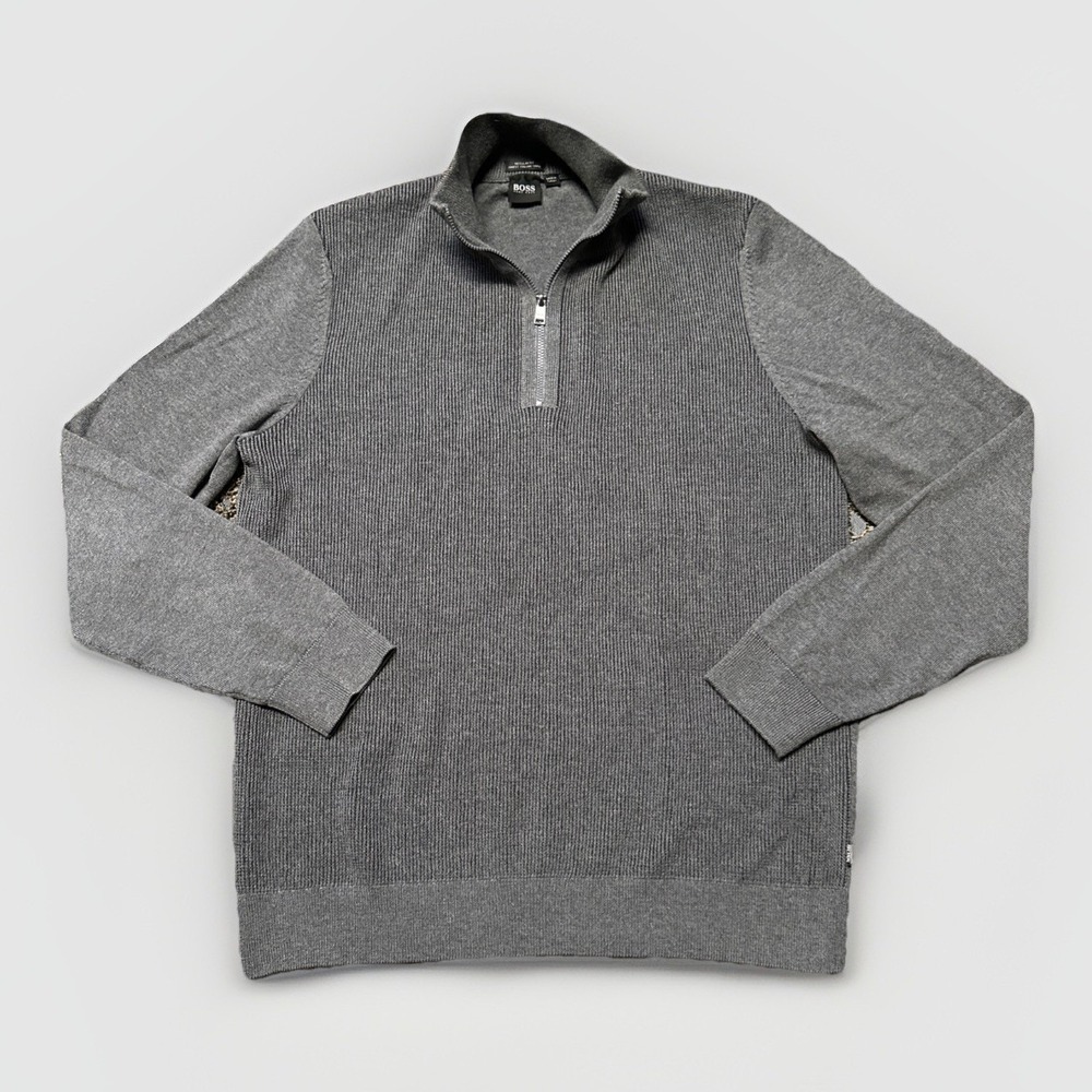 Hugo Boss Jumper Mens Gray Finest Italian Yarn 1/4 Zip Sweater Large
